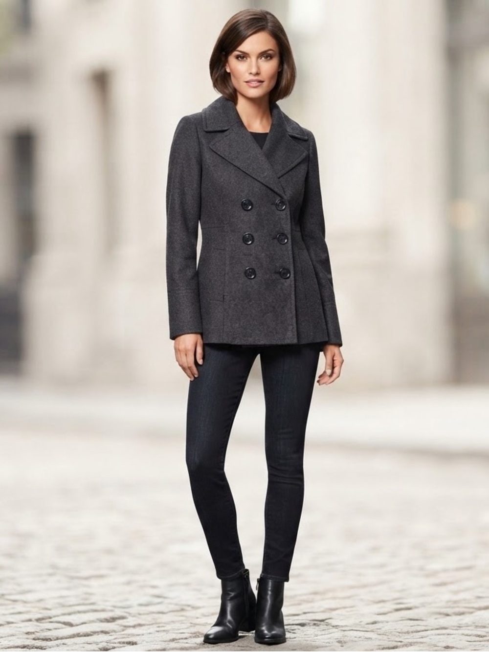 60% Wool Classic Double-Breasted Wool Blend Peacoat - Charcoal